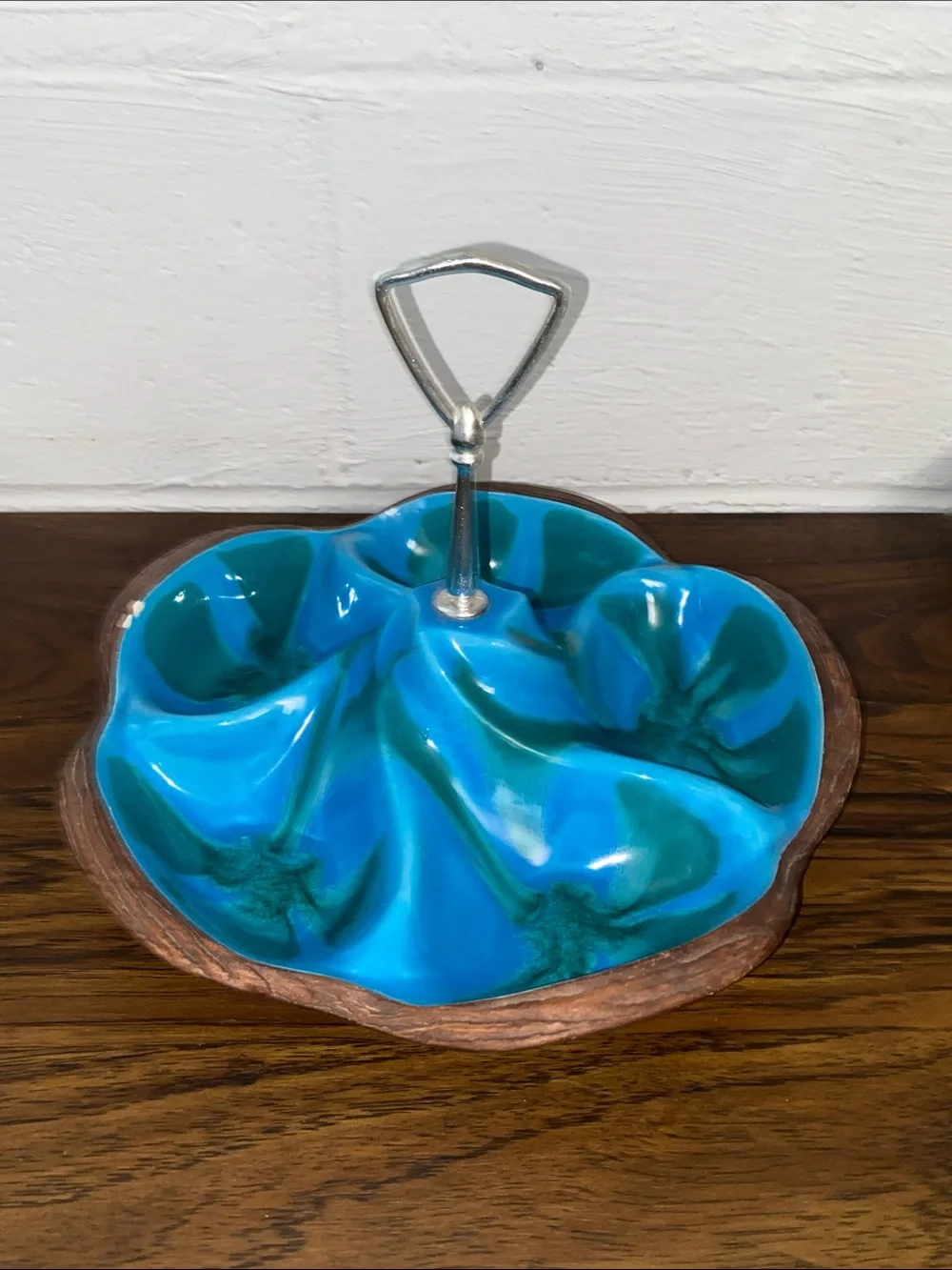 Retro Vintage Blue Ceramic Swirl Serveware with Metal Handle